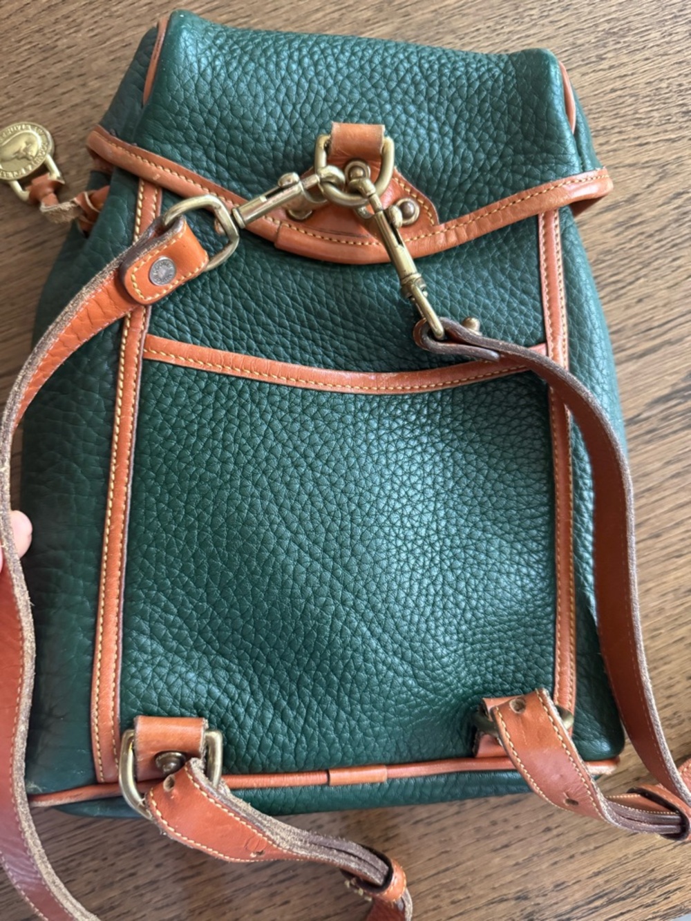 Dooney & Bourke Dark Green Pebbled Leather Backpack with Tan Trim - Picture 3 of 8